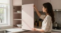 Before And After: She Replaced Her Dark, Awkward 90S Kitchen Cabinets With Soft Oak And Pink Tiles