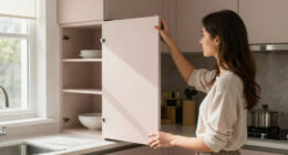 Before And After: She Replaced Her Dark, Awkward 90S Kitchen Cabinets With Soft Oak And Pink Tiles